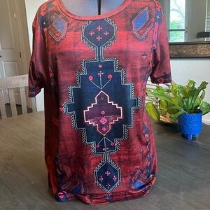 India inspired maroon with blk and red printed decor.
